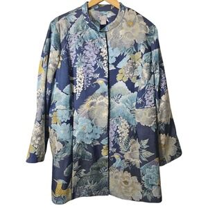 Chicos Size 20/22 Blue Floral Tapestry Jacket Asian‎ Inspired Koi Birds Elegant